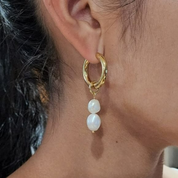 18K Gold Plated Stainless Steel Hoop Freshwater Pearl Beads Dangle Drop Earrings - Picture 8 of 9